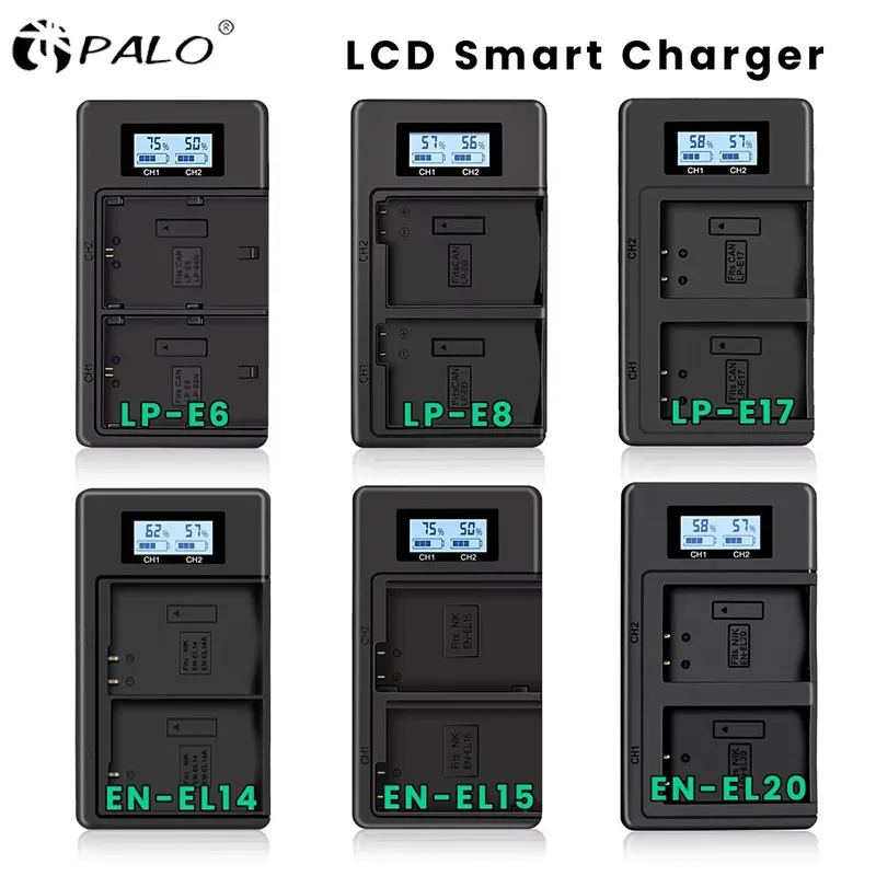 LP-E5 LP-E6 LP-E8 LP-E10 LP-E12 LP-E17 NP-FW50 NP-F960 NP-FZ100 NP-FV100 EN-EL14 EN-EL15 EN-EL20 EN-EL25 NP-W126 LCD Charger