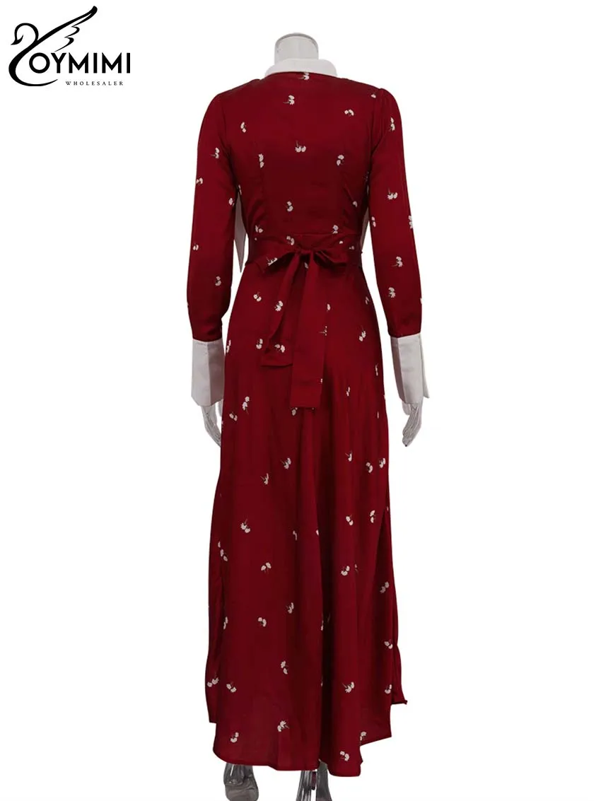 Oymimi Fashion Red Print Womens Dresses Elegant Long Sleeve Button Patchwork Dresses Casual High Waisted Mid-Calf Dress Female