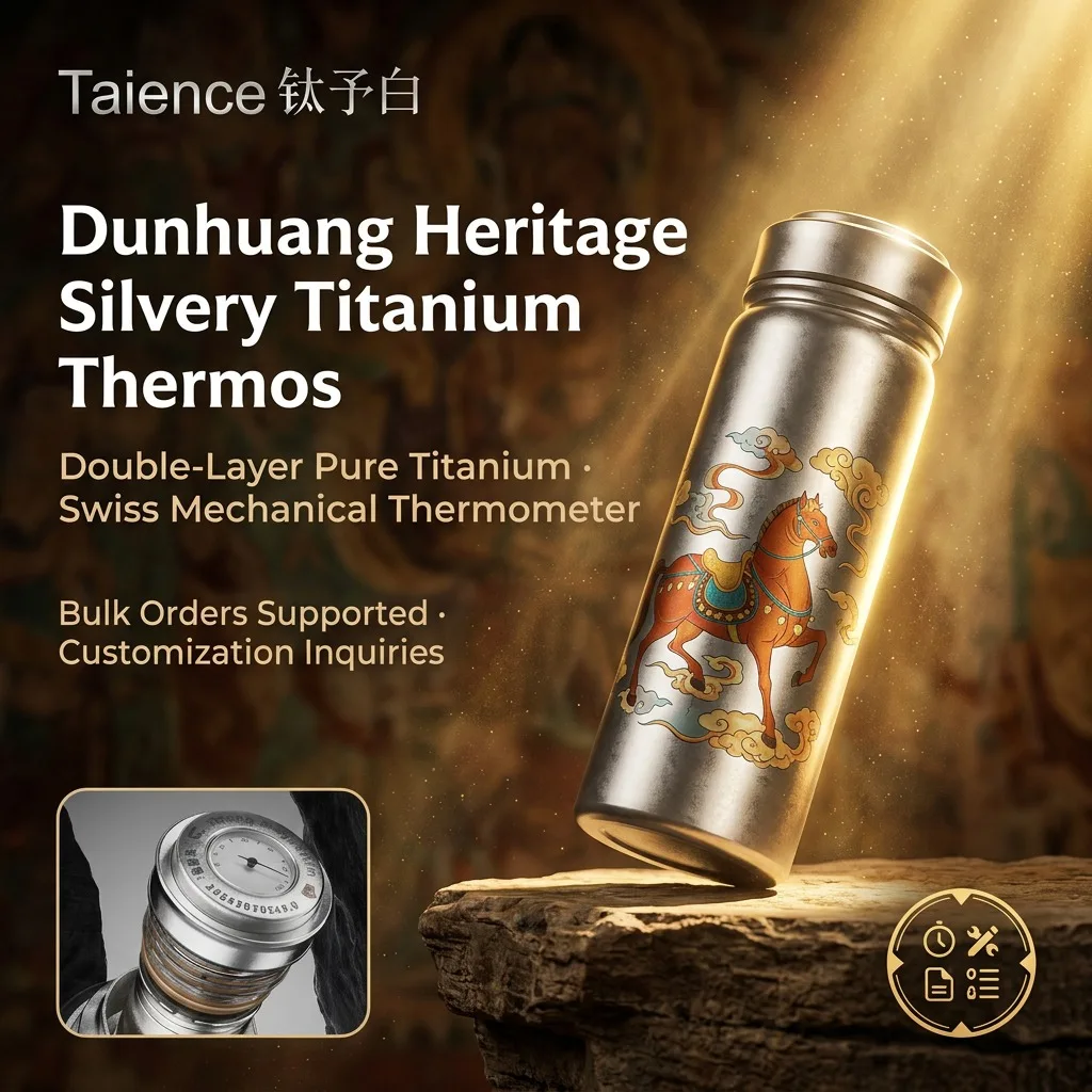 Taience Dunhuang Titanium Water Bottle 650ml Insulated Thermos with Mechanical Thermometer Magnetic Lid Tea Infuser Gift