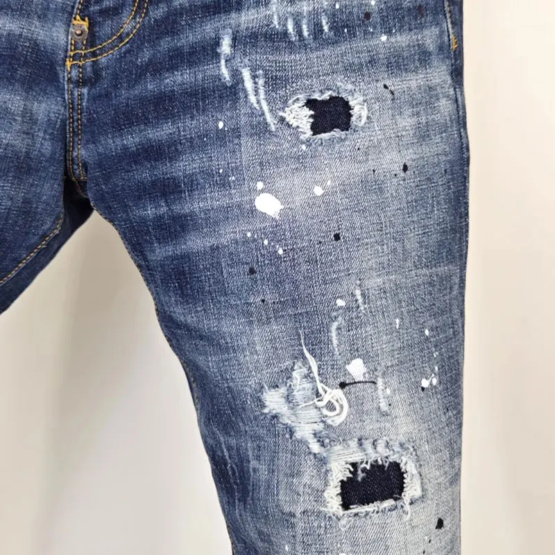 Fashionable new men's blue jeans, painted, washed, worn, elastic, slim fit jeans, designer high street hip-hop brand pants, Y2K