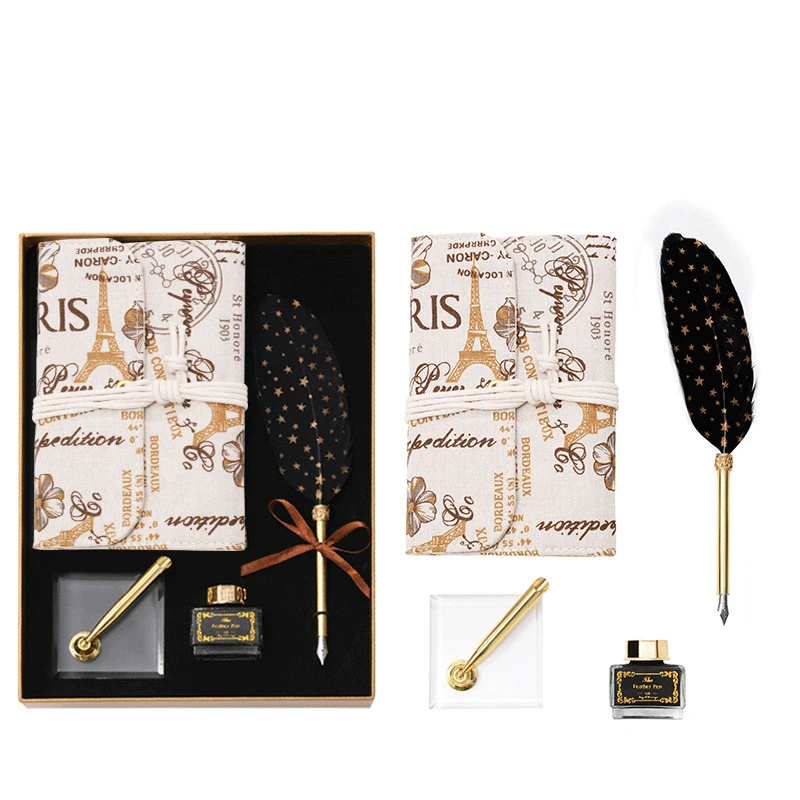 Creative Feather Pen Set With Cloth Notebook Ink Bottle Pen Socket Vintage Calligraphy Writing Dip Pen Office Stationery