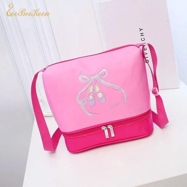 Girls Ballet Dance Bags 2 Layers Ballet Bag Embrory Sequins Ballerina Children Dance Bag Kids Pink Crossbody Bag For Dancing