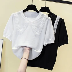 Plus Size Women Beautiful Y2K Sweater Pullover Knitted Femme Lace Tops Short Sleeve Jumper Sweet Korean Clothing 2023 Summer New