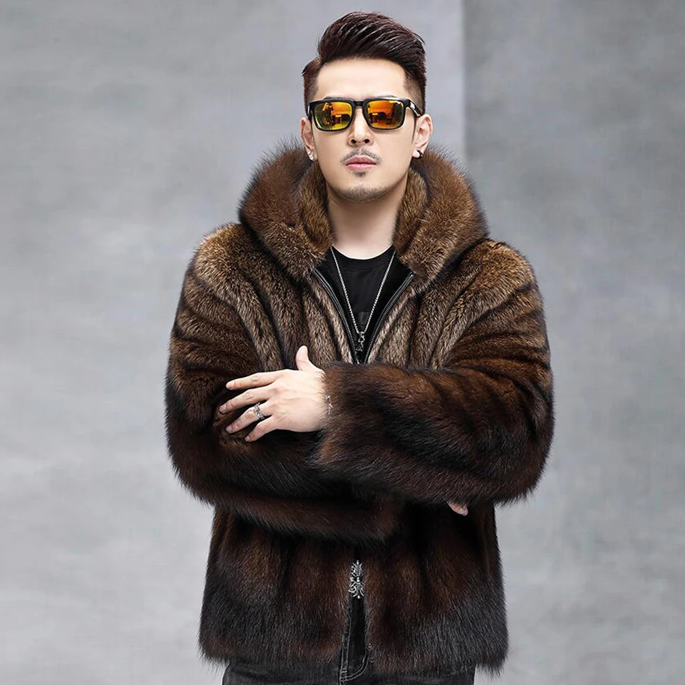 Denny&Dora Mens Mink Fur Jacket Warm Winter Mink Fur   Coat Short Hoodede Brown Fur Jacket