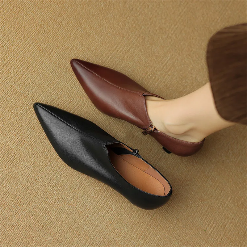 New Spring Genuine Leather Women Shoes French Retro Pointed Toe Women Pumps Side Zipper Loafers Shoes for Women Ladies Shoes