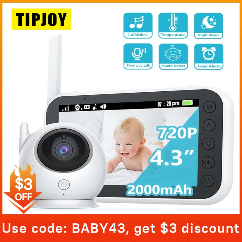 TIPJOY Baby Monitor Video da 4.3 pollici telecamera con rotazione di 360 gradi telecamera di sicurezza per visione notturna Audio Wireless a 2 vie