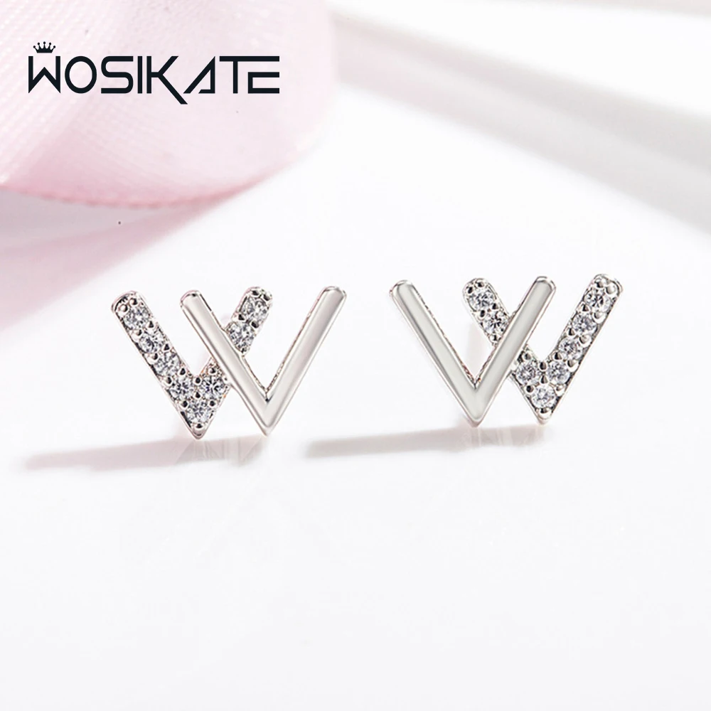 WOSIKATE 韓国の気質シンプルな文字 W イヤリング女性のための 925 シルバーファッションジュエリースタッドピアスアクセサリー