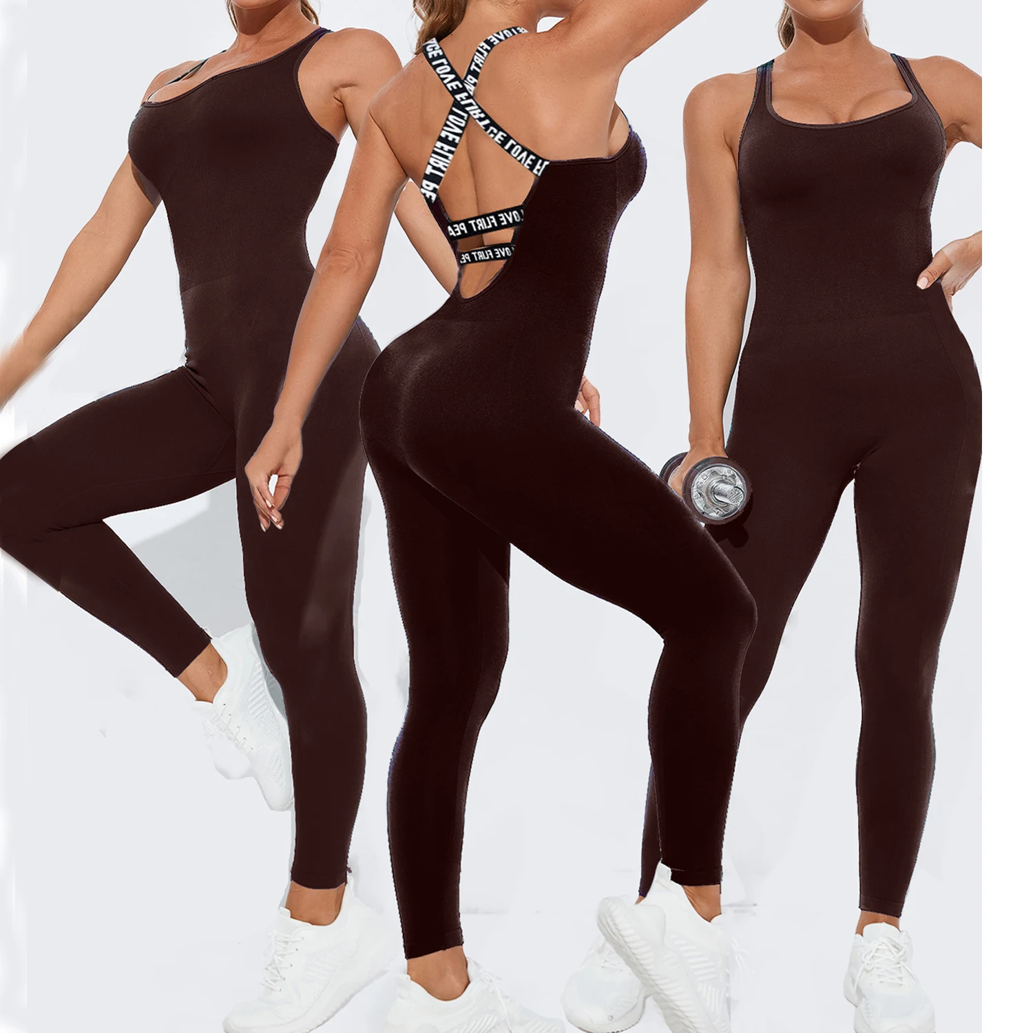 Women Letter Print Criss Cross Back Jumpsuit Hollow Back High Waist Hip Lifting One Piece Yoga Bodysuit Sleeveless Tight Gym Fit