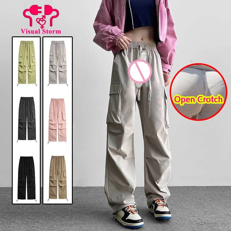 

Woman Sexy Open Crotch Fitness Cargo Pants Hidden Zipper Unisex Loose Fit Crotchless Panties Yoga Leggings Trousers