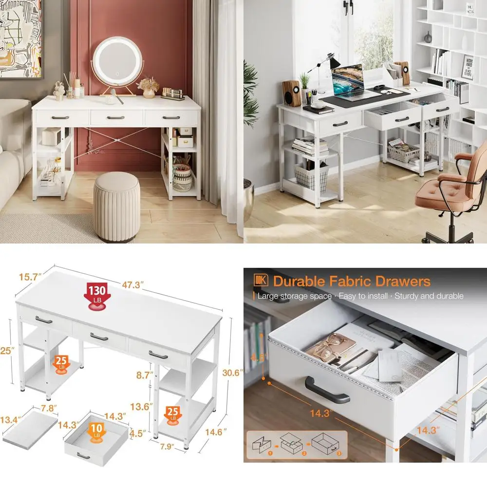 

Compact Fabric Desk with Storage Shelves: Home Writing Table, White, 48x16