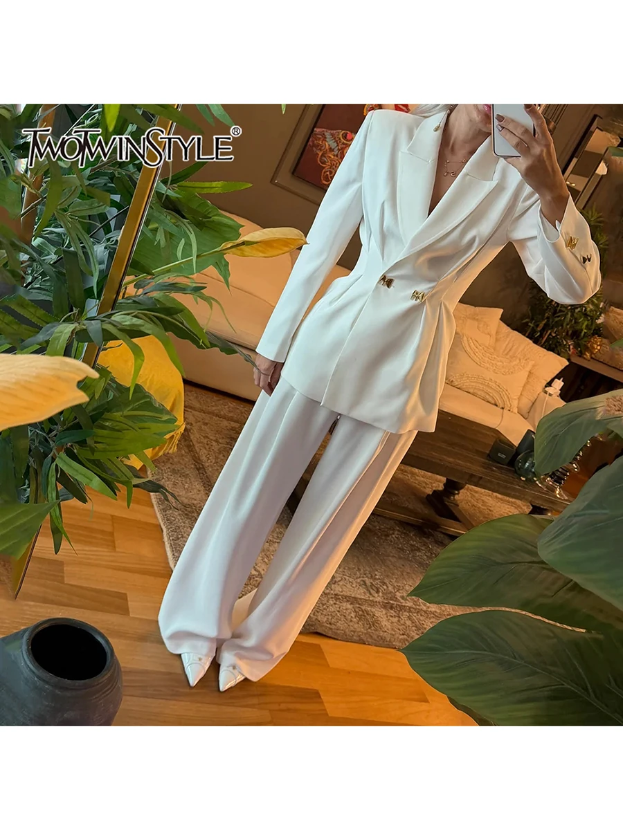 

TWOTWINSTYLE однотонные комплекты из двух предметов для женщин, туника с длинными рукавами и лацканами, блейзер с металлическими пуговицами, широкий комплект брюк, женский новый