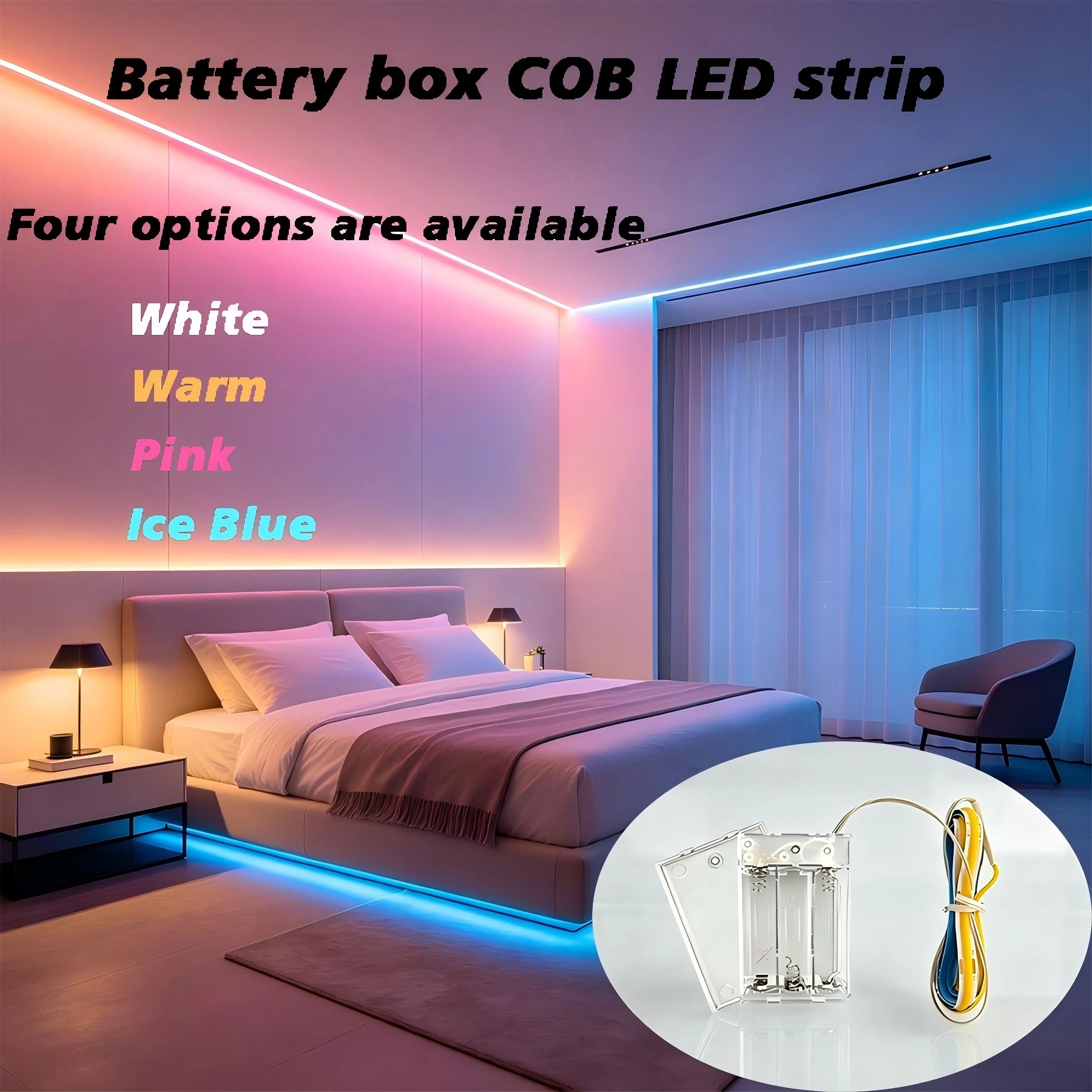 COB LED light strip, powered by a battery box (batteries not included), available in warm, white, pink, and blue light.