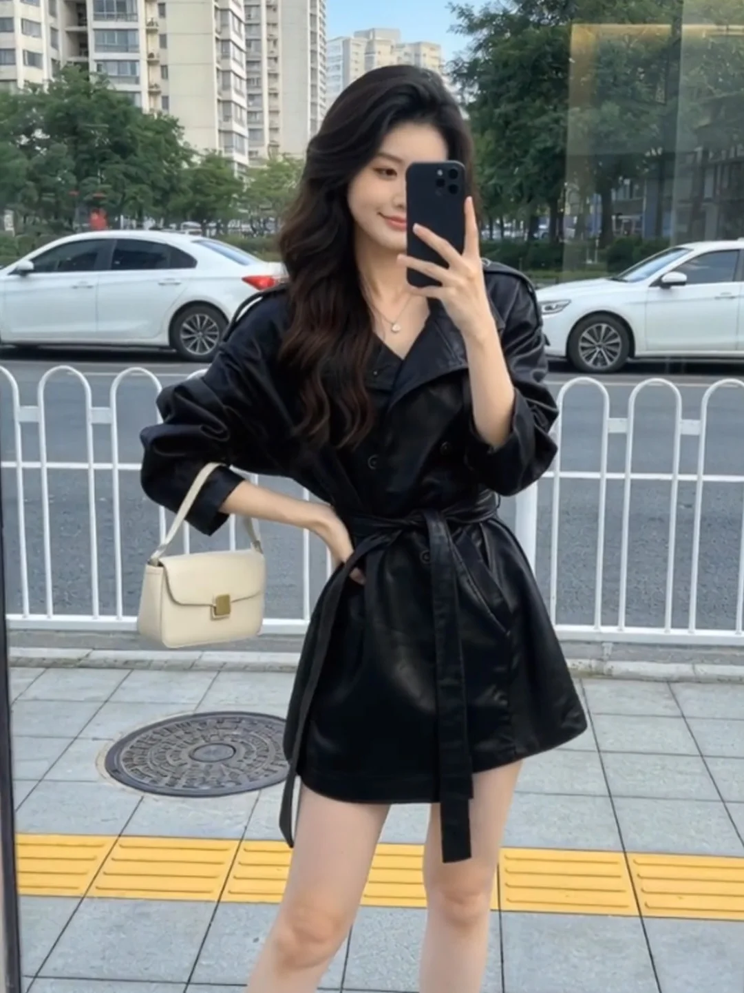 

Slimming Black PU Leather Jacket Women's Fashion Trend Spring 2026 Mid-Length Quality Outerwear Korean Style Long Sleeve