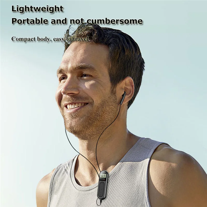 Mini bolso rádio fm recarregável portátil 76-108mhz receptor de rádio com luz de fundo display lcd com fio 3.5mm fones de ouvido