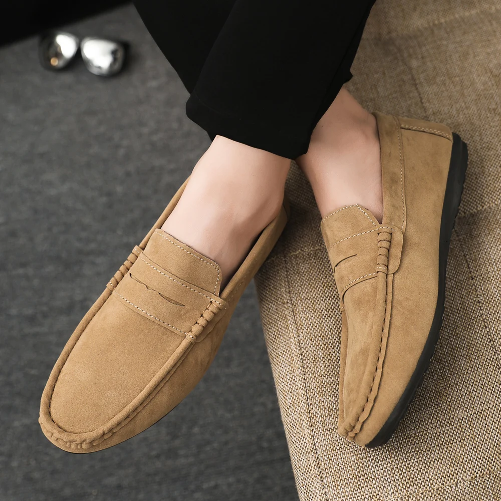 

2026 Autumn Deer Leather Casual Men's Shoes Versatile Comfortable Work Shoes Driving Loafers Black, Grey, Khaki Three-Colour