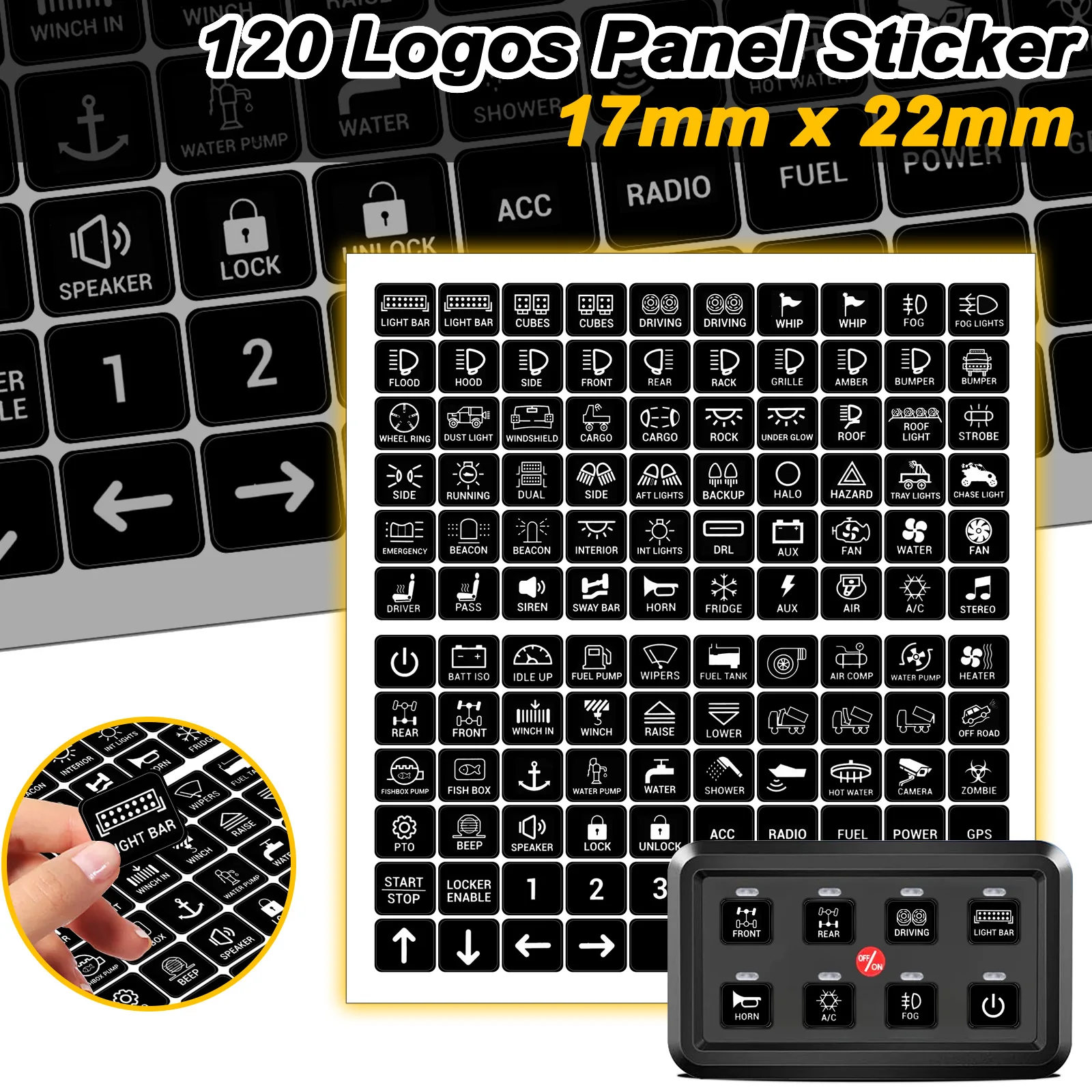 

120PCS Car Switch Panel Sticker for 6/8 Gang Panel Decal Graphic Text Auto Rocker Switch Labels for Boat RV Truck Vehicle