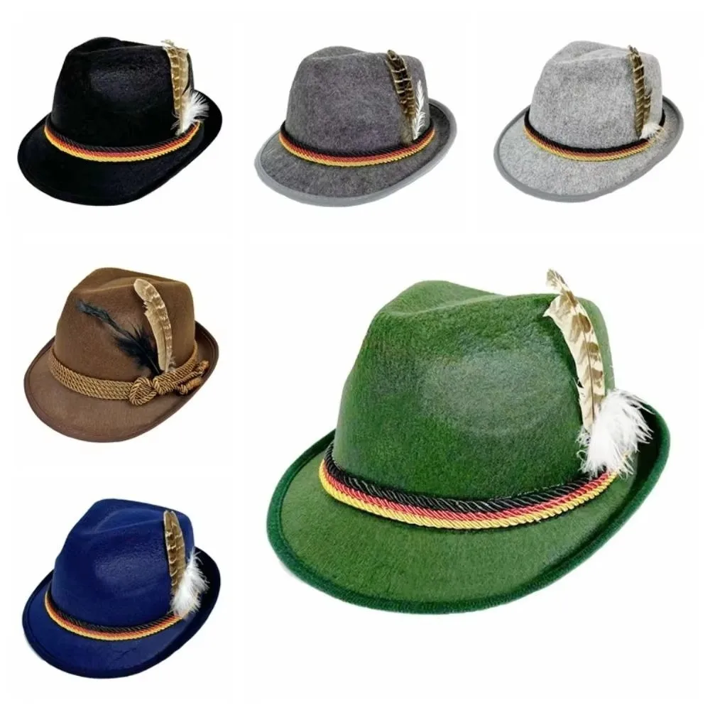 New Classic Bavarian Feather Hat Structured Brim Decorative Side Cord Jazz Cap Western Dress Up Panama Hat Halloween Party
