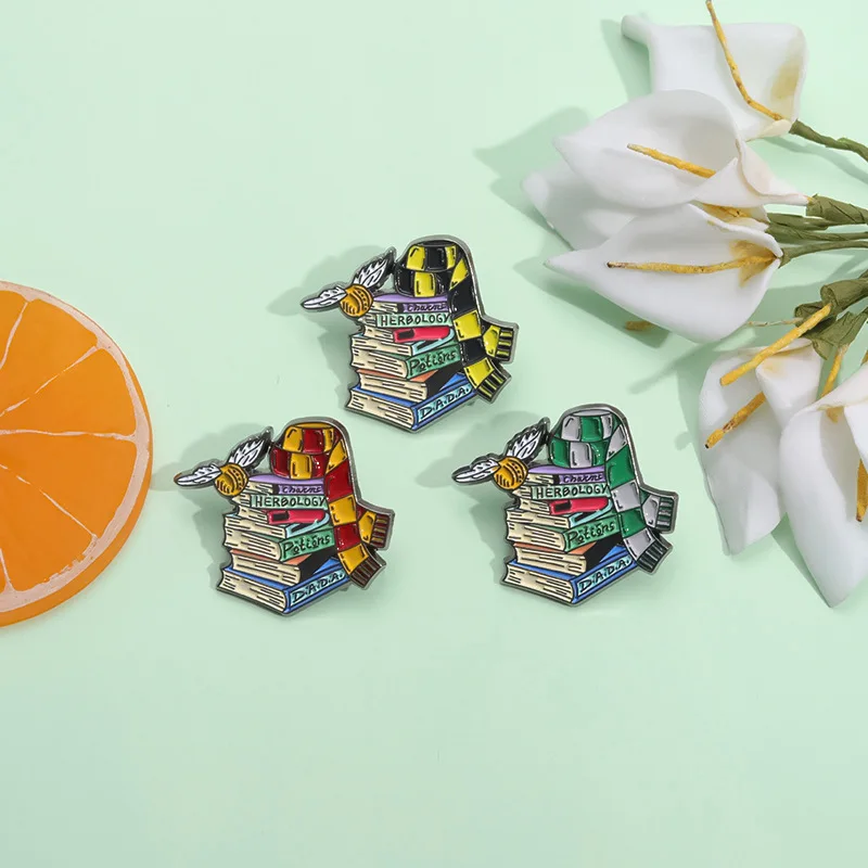 Cartoon Magic Book Enamel Brooch Lapel Pins Colorful Scarf Flying Ball Anime Magic School Punk Clothes Metal Badge Jewelry Gift