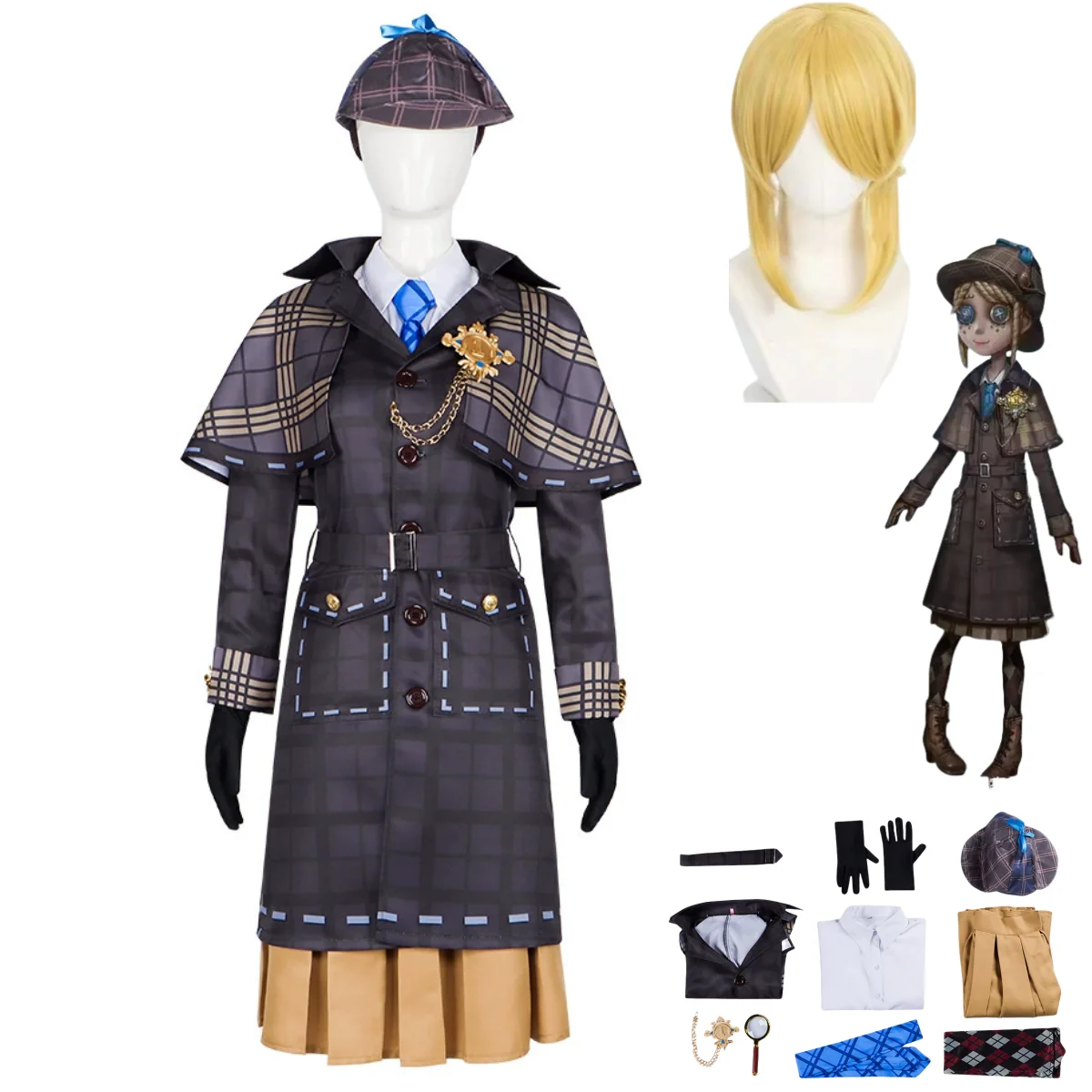 

Game Identity Ⅴ Emma Woods Gardener Miss Truth Cosplay Costume Set with Hat Magnifying Glass Wig Woman Halloween Party Suit