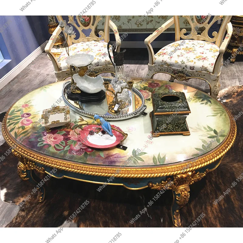 Exquisite royal wind solid wood carving flower luxury hand painted blue gold French villa living room coffee table