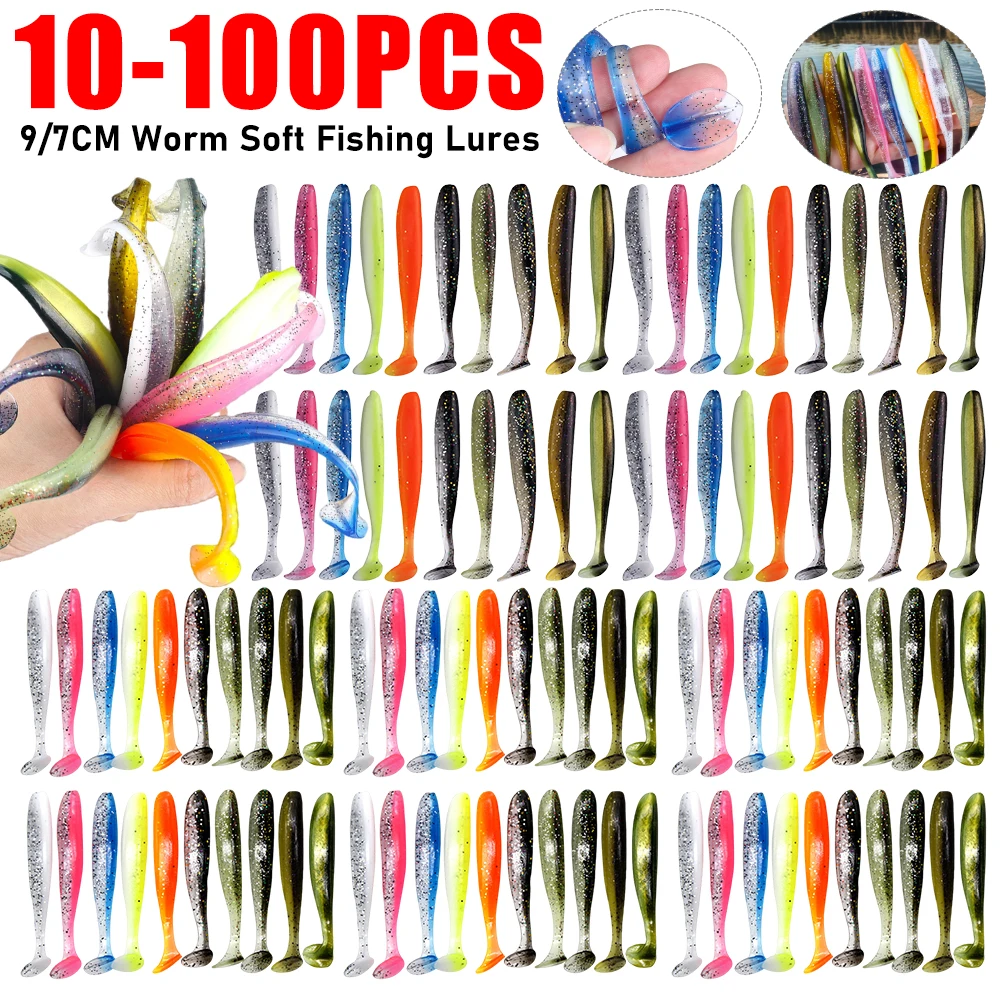 10-100 Uds 9CM/7CM cola en T cebo suave de gusano cebo Artificial Swimbait cebo de pesca de silicona señuelo suave fácil brillo Wobbler Swimbait