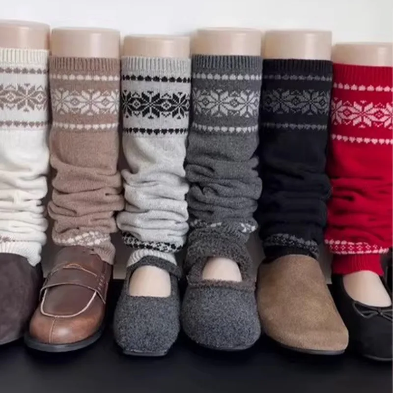 Vintage Wool Y2k Knitted Leg Covers Cuff Socks Women Long Leg Socks Fair Isle Snowflake Slouchy Socks Winter Warm Boot Covers