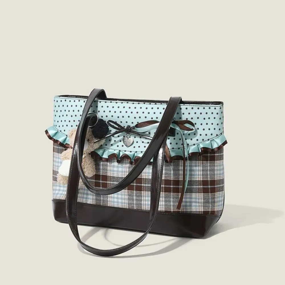 Mint Green Canvas Tote Bag Chocolate Color Plaid Pattern Handbag Shoulder Bag Bow Lace Polka Dot Design Polka Dot Crossbody Bag