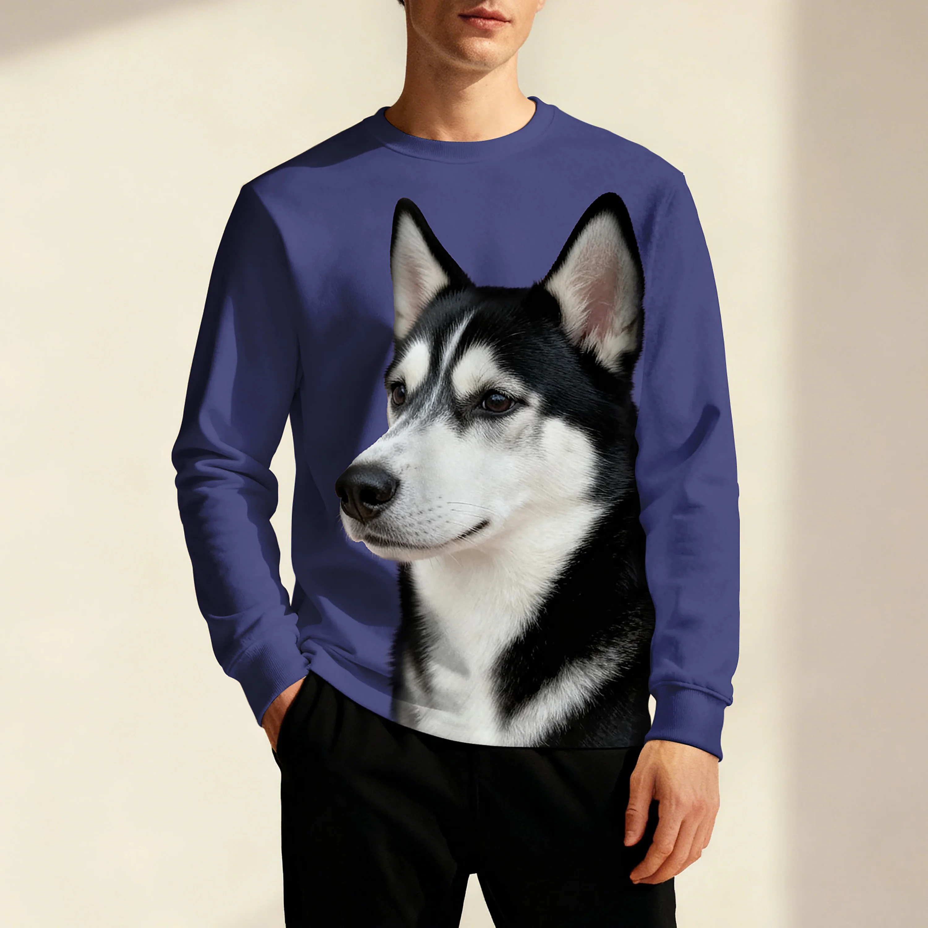 

Персонализированная мужская толстовка с круглым вырезом и длинными рукавами с простым принтом хаски, модный, повседневный и удобный в ношении топ