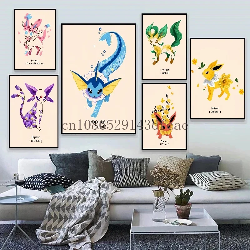 Japanese Anime Peripheral Pokemon Canvas Painting Eevee Poster and Print Watercolor Wall Art Picture Modern Home Decor Gifts