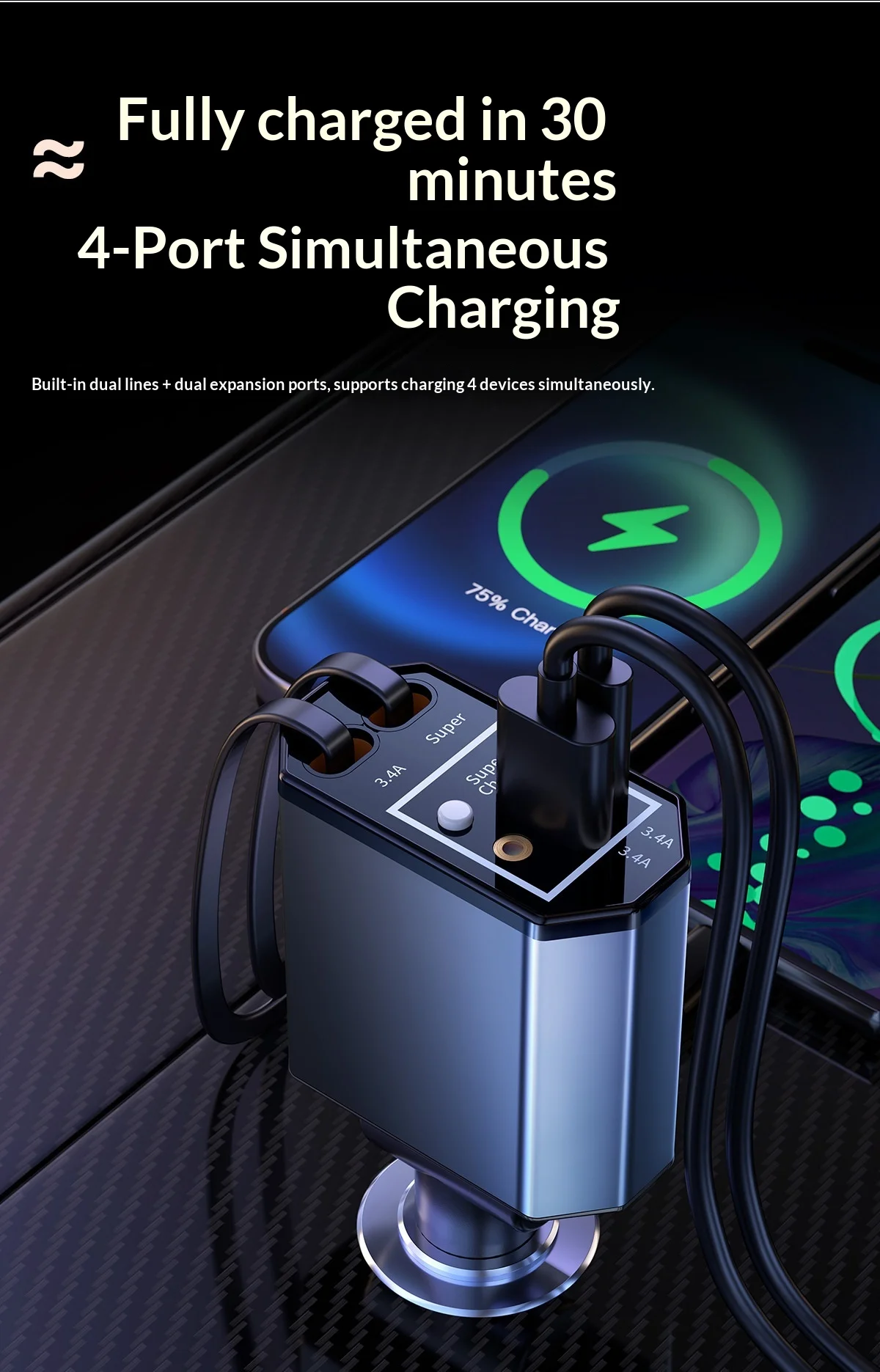 120W Car Charger with Telescopic Cable for Spot One to Three Car Interior Super Fast Charging with Ambient Light view 4