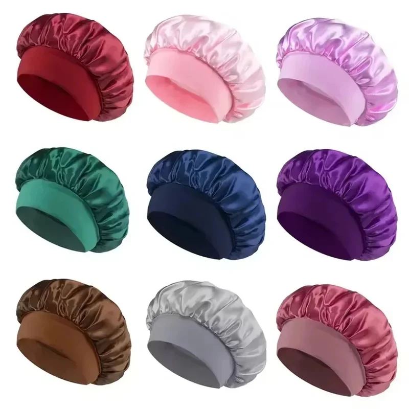 Women Satin Bonnet Hair Bonnet for Sleeping Hair Care Silk Bonnets Solid Wide-brimmed Sleeping Hat with Elastic Soft Band