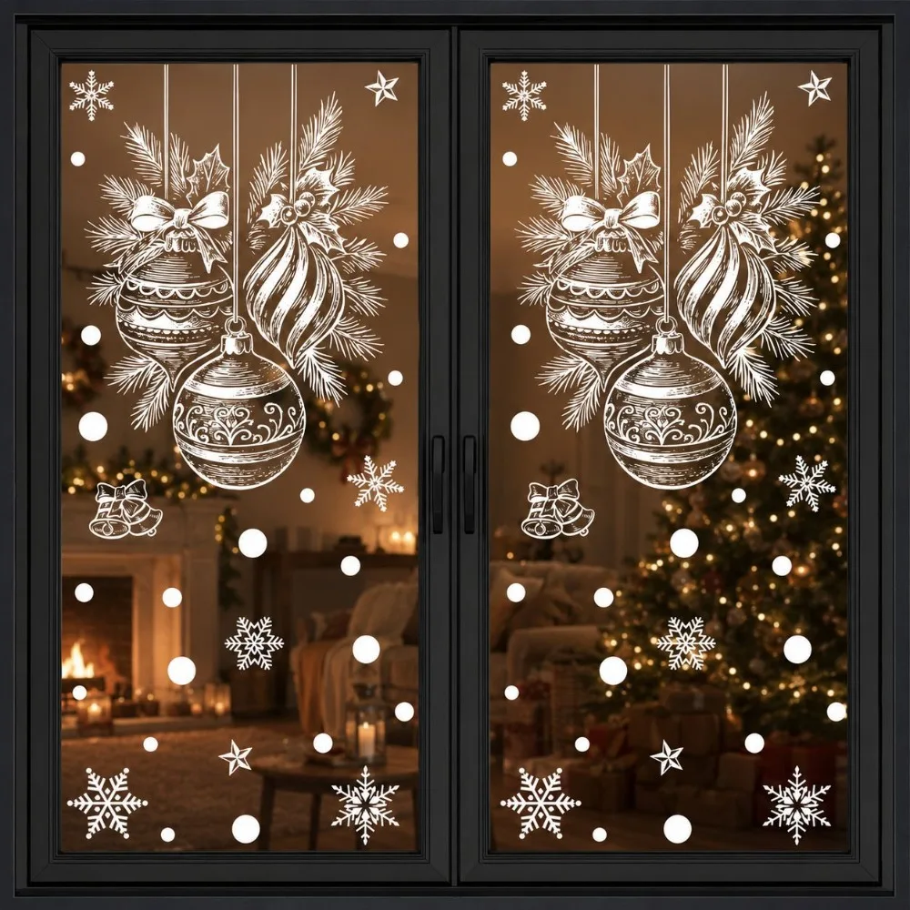 2pcs Christmas Window Stickers White 3D Window Decals with Baubles Bows Snowflakes Bells Xmas Window Decor