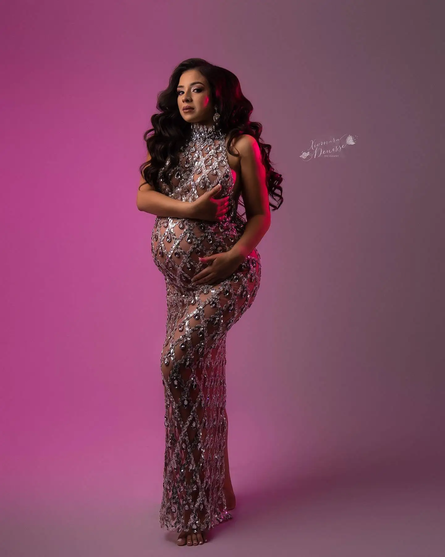 2024 Sexy Tulle Crystals Maternity Photo Shoot Dress Luxury Sequins Rhinestone Bodycon Dress For Pregnancy Photography