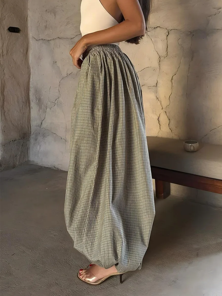 Neue Retro-Braun-Laternenhose für Damen, hohe Taille, trendige, lockere Passform, kariert, Frühling-Sommer-Mode, vielseitige Hose – Detail 15