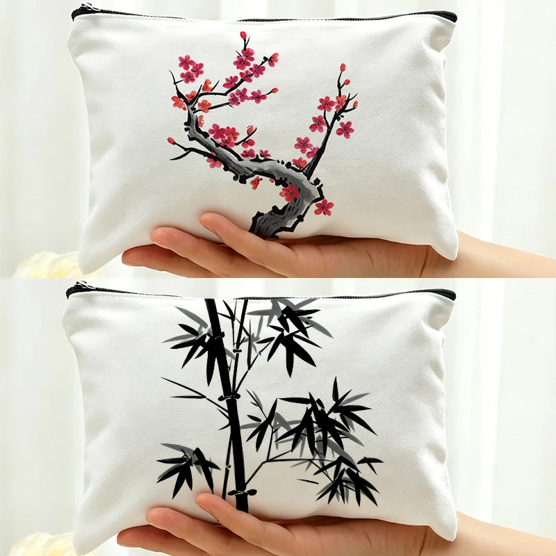 Chinese Ink Plant Makeup Bag Personalized Custom Name Cherry Blossom Bamboo Botanic Cosmetic Pouch Lining for Women Travel Gifts