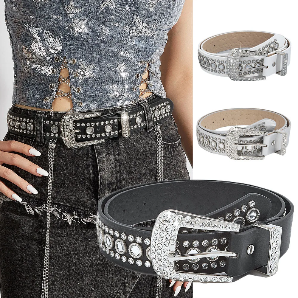 

New Rhinestone Rivet Belt Goth Style Sliver Buckle Man/woman Fashion Casual Punk Style Pu Leather Waistband for Jeans Belt