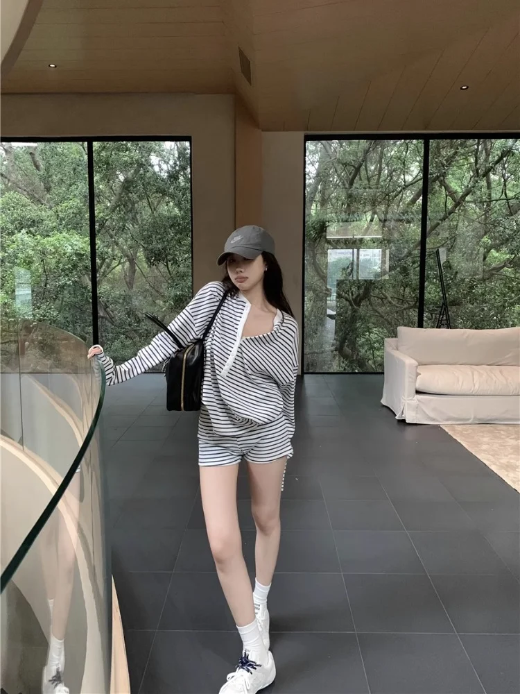 ADAgirl Harajuku Stripe Print Long Sleeve Oversized T-shirts for Women Casual Sweatpants Shorts Two Piece Set Summer Autumn Sets
