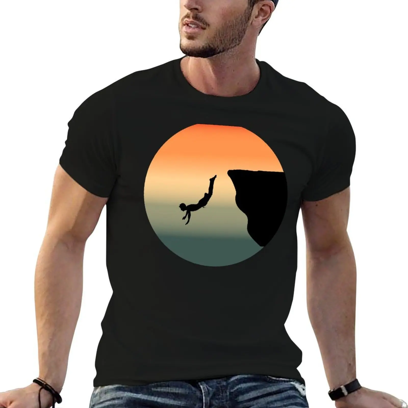 

Cliff Diving Tombstoning Base Jumping Extreme Sports Sunset Vintage Retro T-Shirt printed t shirts for man T-Shirt