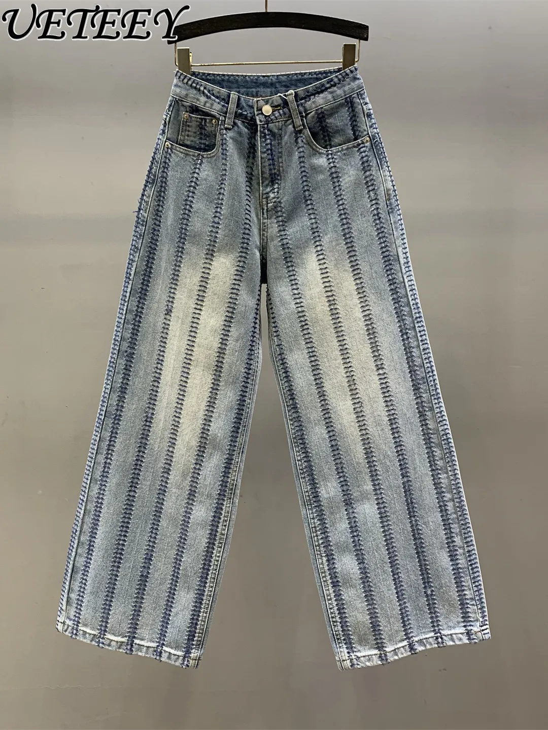 

Design Heavy Craft Woven Blue Casual Wide-Leg Jeans Women 2026 Spring New High-Waisted Loose Straight Denim Floor-Length Pants