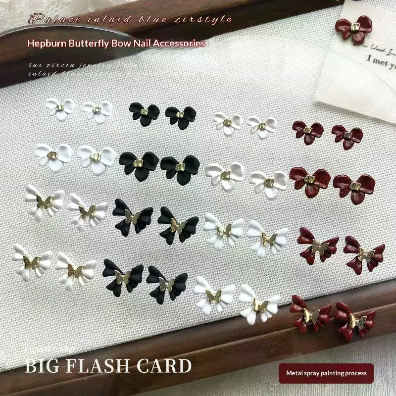 10Pcs Bowknot Nail Charms Metal Wine Red Black White Nail Rhinestone High Quality Stereoscopic Nail Decoration