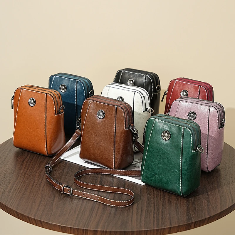 Sac de téléphone portable en cuir pour femmes, sacoche à bandoulière simple, mode tout-assorti, cire d'huile, peau de vache, petit sac à bandoulière décontracté