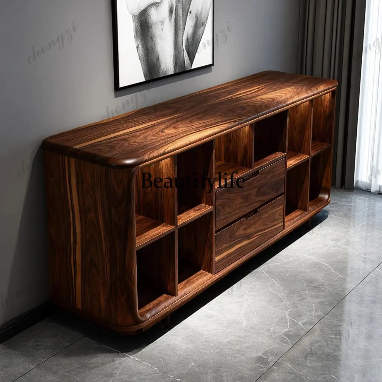 

New Chinese style black gold wood solid wood side cabinet storage cabinet, simple modern high-end vintage storage cabinet