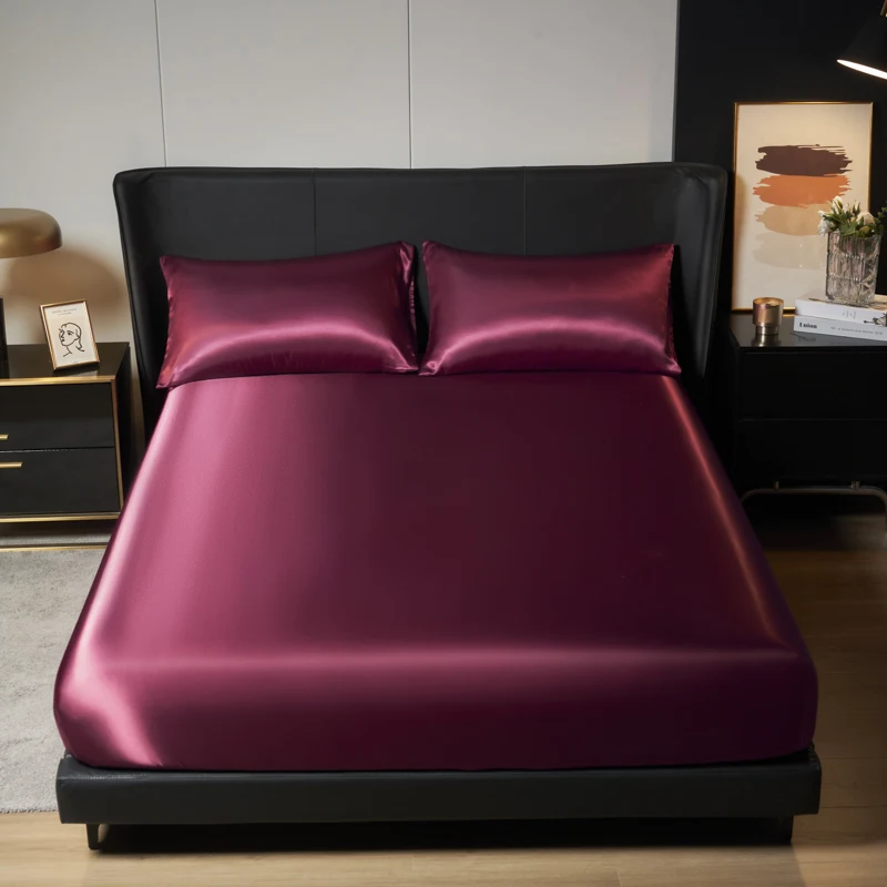 1Pc Satin Fitted Sheet Solid Colour Twin Full Queen Ice Silk Mattress Cover Natural With Elastic Band Bed Sheet (No Pillowcase)
