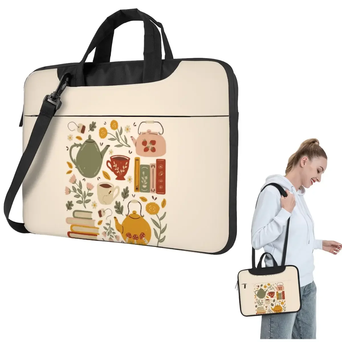 Flowery Books And Tea Crossbody Laptop Bag Case Computer Bag Resistant Protective Notebook Pouch for Lenovo