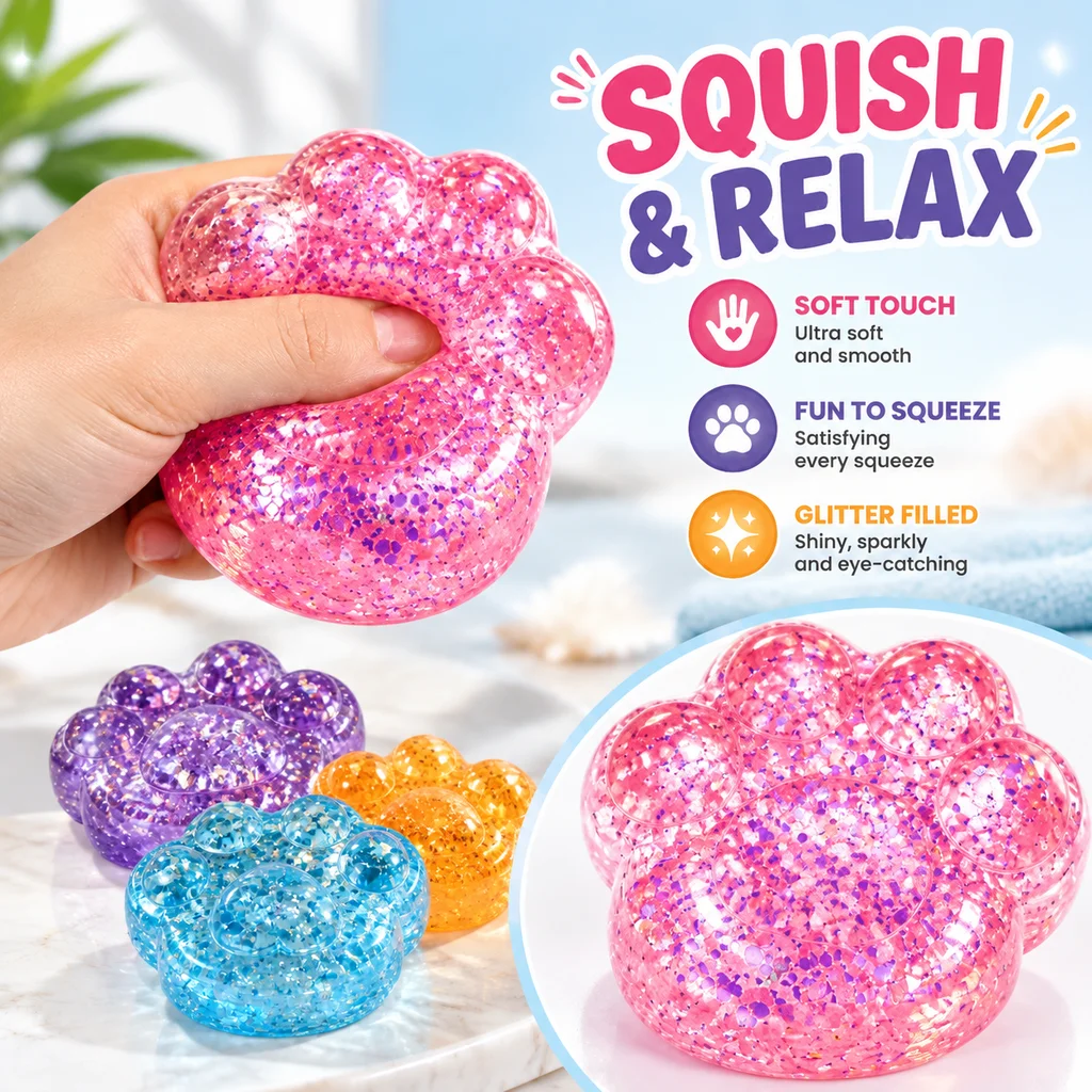 Squishy Cat Paw Squeeze Toy Maltose Slow Rebound Stress Relief Fidget Decompression Sensory Toys for Adults Kids Sequin Texture