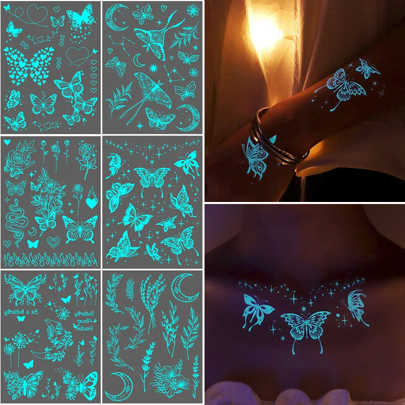 

2 or 6pcs/set Luminous flower butterfly Tattoo Stickers, Waterproof Temporary Tattoos for Women,Fake Tattoo for Party Festival
