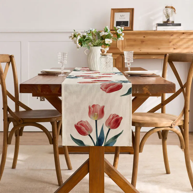 Spring And Summer Tulip Flower Tablecloth Table Flag Farmhouse Linen Holiday Table Decoration Family Party Tablecloth