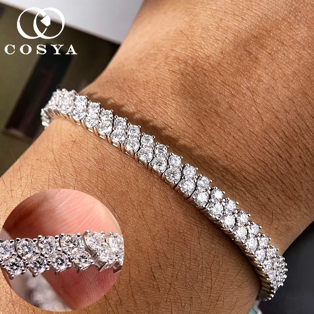 COSYA 5.5mm Real Moissanite Bracelets for Women 100% S925 Silver Double Rows Lab Diamond Wrist Chain Sparkling Fine Jewelry