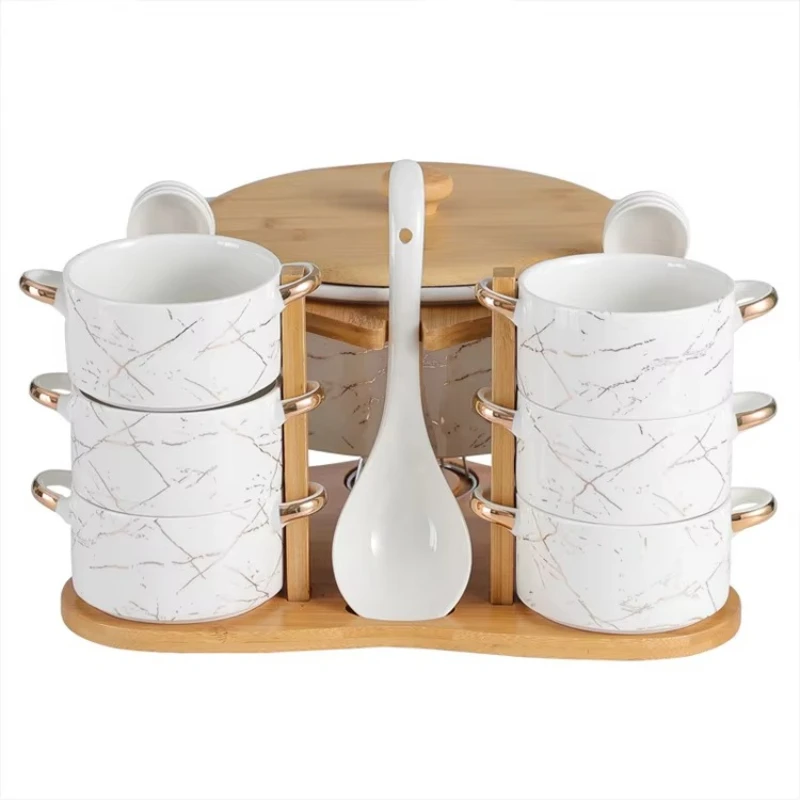 

Black and white home kitchen hotel thermal insulation ceramic soup pot bowl spoon set bamboo frame