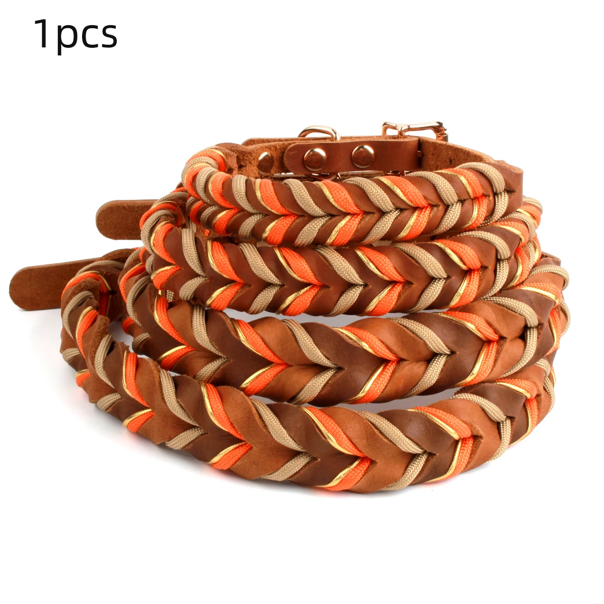 Braunes Leder-Hundehalsband und Leinen, Anzug, gewebte Muster, wunderschönes, langlebiges Nylon, orange Farben, Seil, freihändiges Design, 2026, neu – Detail 1